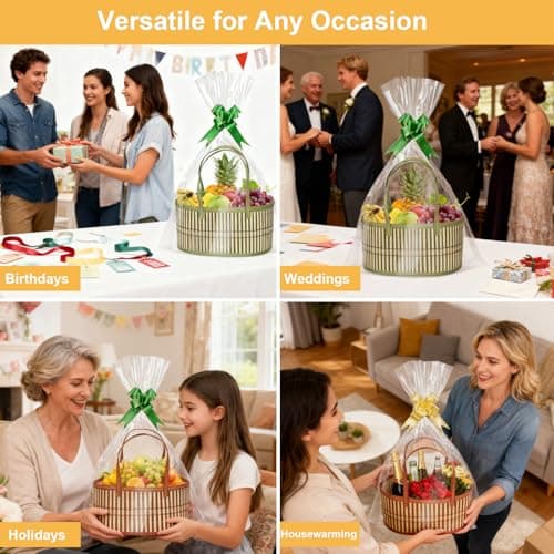 2-Pack Woven Bamboo Gift Basket Set, with 2 Bags, Bows, Cards & Fill, Easter Christmas Birthday Housewarming Hamper, Home Storage & Decor Organiser (Brown & Green) — view 5