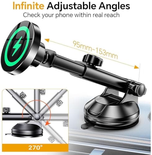 Wireless Car Mount Charger [15W Fast Charging] [Strongest Magnets] [360°Rotatable & Strong Suction Power] Magnetic Holder For Dashboard & Windshield Compatible with 17/16/15 pro max plus mini & More — view 2