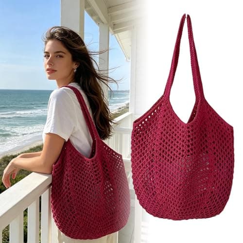 Openwork Mesh Crochet Straw Tote Bag for Women, Large Woven Hobo Handbag, Simple Summer Beach Bag (Red) — view 2
