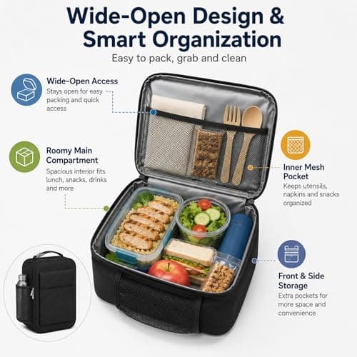 Lunch Bag for Men Women, Reusable Large Capacity Insulated Lunch Bag with Handle, Front Pocket and Side Mesh Holder, Portable Cool Bag for Work School Travel Picnic, Black — view 3