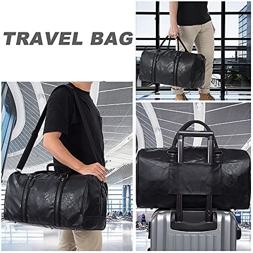 seyfocnia Oversized Duffle Travel Bag Waterproof Pu Leather Weekend Bag Large Carry On Large Carry On Hangbag for Mens or Women, Black — view 6