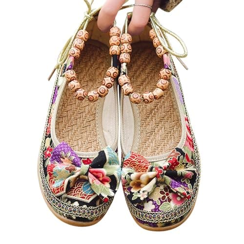 luoluoluo Womens Wedge Slip On Flats UK Sale, Bohemian Shoe Ethnic Comfy Closed Toe Platform Shoes Flower Print Sliders Bow Sandals Flat Mule Sandals Spring Summer Shoes Lightweight for Travel