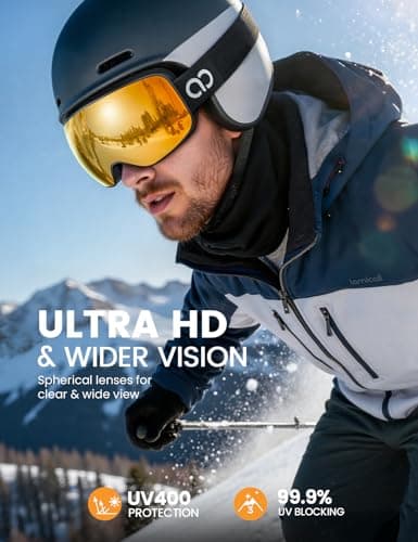 Lamicall Ski Goggles, Skiing Goggles - 【HD Spherical Lens】 Anti-fog Snow Snowboard Goggles with Wide OTG Over Helmet Compatible, UV400 Protection for Men & Women - Black Frame - Gold — view 2