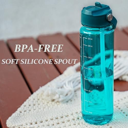 GOPPUS 1000ml/32oz Clear Water Bottle with Straw, Tritan Leakproof Sports Drinking Bottle, BPA Free Wide Mouth Gym Bottle with Handle and Measurement Marks for School, Gym, Travel (Teal Blue) — view 4