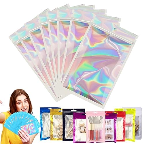 YAAVAAW Silver Foil Ziplock Bags Medium Smell Proof Bag Mylar Holographic Packaging Bags, 20pcs Resealable Storage Pouches Grip Seal Clear Plastic for Food Storage, Jewelry, 6.3x9.5inch(16x24cm)