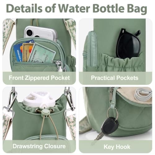 Cosblisvia water bottle holder, small water bottle for handbag, carrier bags With Insulated Pocket Strap For Women Men Students, Walking Travel Gym Beach Commute, Green — view 3