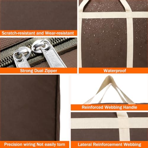 3 Pack 60L Heavy Duty Moving Storage Bags, Reinforced Handles Hold 60kg, Waterproof Storage Sacks with Strong Dual Zips, Foldable Organiser Moving Bags for Clothes, Bedding, House Moving (Brown) — view 3