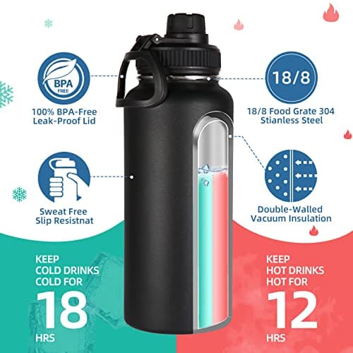 Volhoply 1 Litre Insulated Water Bottle with Straw Lid and Spout Lid,Stainless Steel Sports Water Bottle,Double Wall Vacuum Tumbler,Leakproof Metal Flask with Wide Mouth for Hiking,Camping(Black,1) — view 2