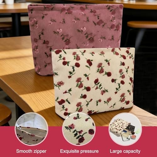 Travel Makeup Bag, 2Pcs Rose Flower Printing Corduroy Toiletry Bag, Large Capacity Floral Toiletry Bags Floral Makeup Bags for Ladies and Girls(Red/Beige) — view 3
