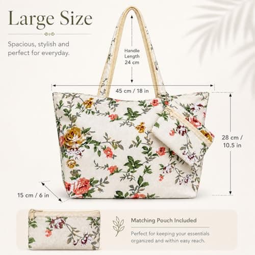 Lightweight Floral Canvas Tote with Free Purse, Shoulder Shopping & Travel Beach Bag for Women (Red, L) — view 4