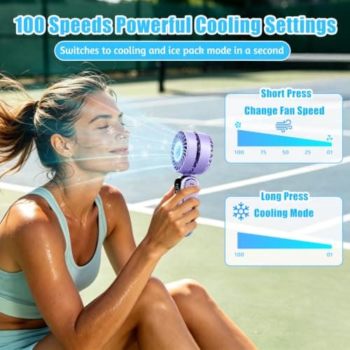 Handheld Fan Rechargeable, 5 Speeds Portable Ice Cooling Hand Fan, Flexible Modes Hand Desk Neck Electric Mini Fan，High-Power Hand Held Fans with LED Display for Travel Home Office Outdoor (Purple) — view 4