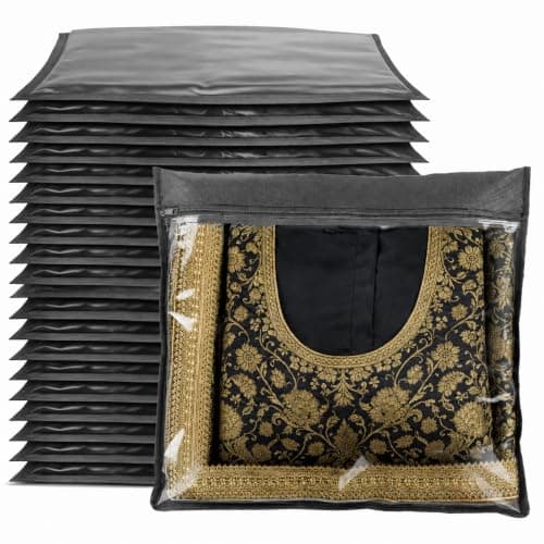 LIVIVO Clear Saree Storage Bags – 20-Pack Transparent Garment Organisers for Sarees, Clothes, Kurtas, Dresses, Fabrics – Zip Closure, Dustproof, Moisture Resistant – Grey Back, Clear Front – 42x35cm