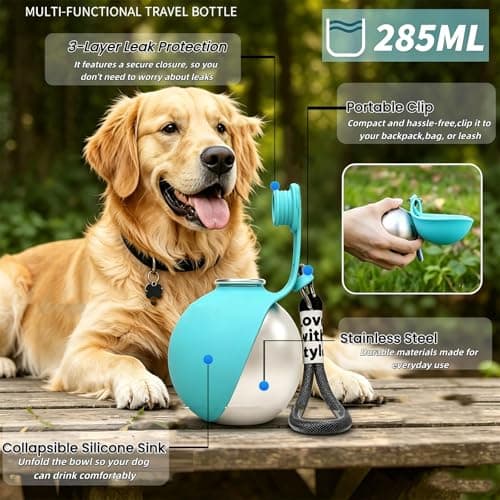 ZFFAFUR Foldable 2 in 1 Portable Dog Water Bottle – Stainless Steel Bottle with Silicone Bowl for Walks & Hiking, Leak-Proof Travel Pet Water Dispenser for Small Dogs (Blue) — view 4