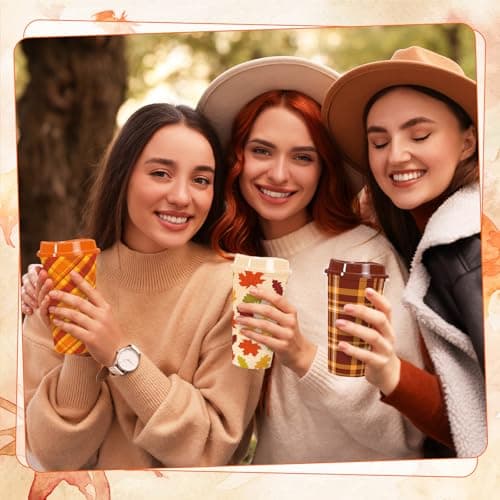 Whaline 12 Pcs 16 Oz Fall Reusable Coffee Cups with Lids Plastic Tumbler Autumn Pumpkin Plaid Maple Leaves Coffee Travel Mug for Harvest Thanksgiving Party Supplies Hot Cold Drinks — view 5