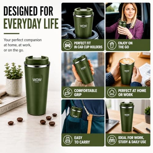 wowtravel Insulated Travel Mug Stainless Steel Coffee Cup Leakproof Vacuum Flask Hot and Cold Drinks 380ml 500ml Reusable Cup with Lid Fits Car Cup Holder Black Khaki (Black, 380ml) — view 5