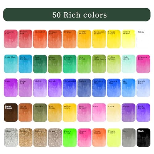 Artecho Watercolour Paint Set 50 Colors in Portable Box Including 4 Fluorescent Colors, Travel Watercolour Set with Water Colour Papers, Brushes and Other Tools, Idea for Artists and Hobbyists — view 2