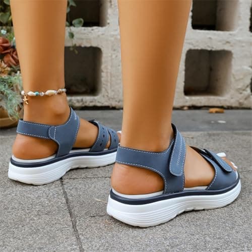 Orthopedic Sandals for Women UK Plantar Fasciitis Comfort Wedge Sandals Open Toe Ankle Strap Sandal Summer Wide Fit Cushion Walking Shoes Ladies Casual Summer Sandal with Arch Support 1-Blue, 5 — view 2