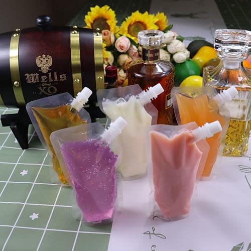 Yelinosk 20pcs Clear Drink Pouches 250ml with caps and 2 Funnels for Festivals,Leak Proof Alcohol Juice Liquid Pouches Bags, Beverage Bags, Plastic Hip Flask for Parties, Picnic, Travel, Sports — view 4