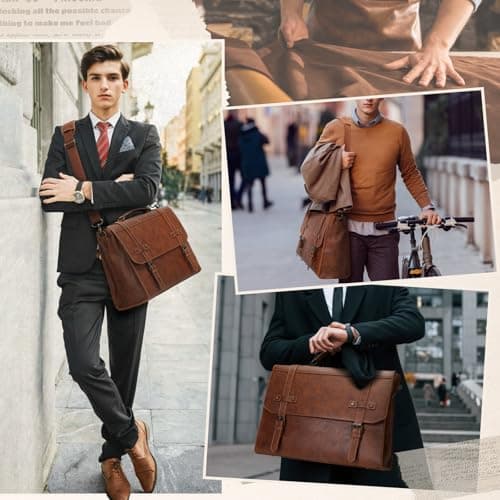 RAINSMORE Messenger Bag PU Leather Laptop Bag 17.3 Inch Briefcase for Men — view 2