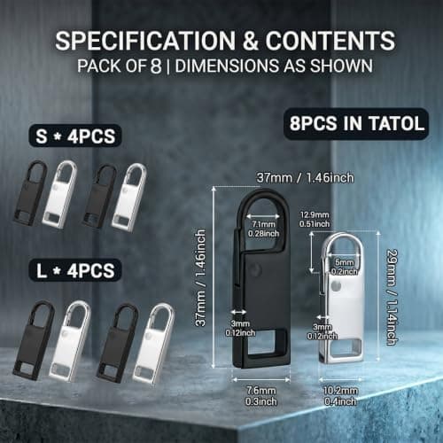 8 Pack Instant Clip-on Zipper Pulls, 2 Sizes No-Tool Slim Hook Replacement for Mini Micro Holes, Detachable Metal Zip Pull Tabs for Luggage Suitcase Jacket Purse, Black & Silver — view 3