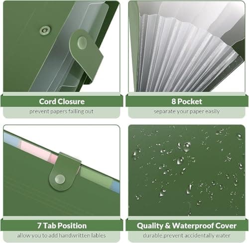 SKYDUE Document Organiser,folders for Paperwork A4, 8 Pockets Expanding File Folder, A4 Folder with 8 Lables, File Organiser to Organise Paperwork, Receipts, Invoices, Bills, Documents(Green) — view 4