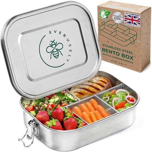 Bento Box - 1.4 L - 5 Compartment Bento Box - Metal Lunch Box w/ Lock Clips