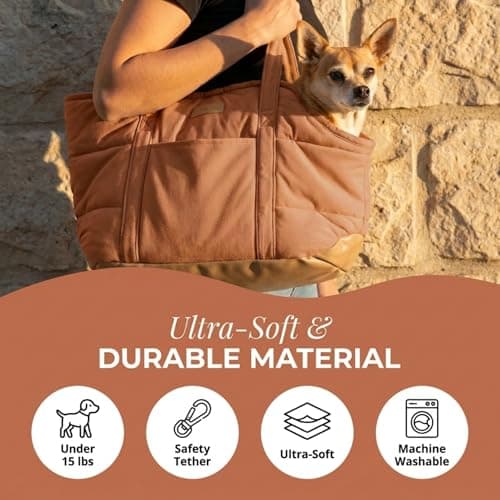 Plush Dog Purse Carrier for Small Dogs, Soft Dog Tote Bag with Safety Harness Clip, Cozy Pet Carrier for Dogs Under 15 lbs, Comfortable Dog Shoulder Carrier for Travel, Brown — view 6