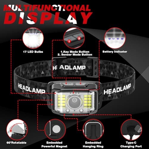 Head Torch 2 Packs,Super Bright 2000 Lumens Motion Sensor 16 Modes (individual Control) Headlamp,2000mAh Battery USB Rechargeable Waterproof LED Head Torch for Camping, Running,Cycling,Fishing — view 2