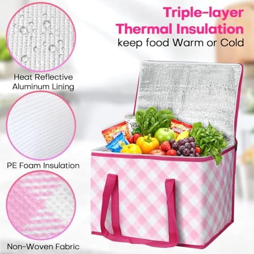 Beautyshow Cool Bag, 40L Large Insulated Bag, Reusable Grocery Shopping Bags with Classic Gingham Design, Foldable Thermal Food Delivery Bags Soft Cooler for Picnic, BBQ, Camping, Beach, Travel, Auto — view 3