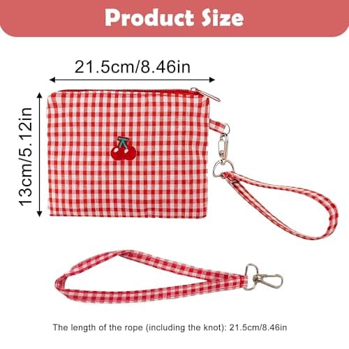 Cherry Makeup Pouch, Small Cosmetic Bag for Handbag, Plaid Travel Bag — view 5