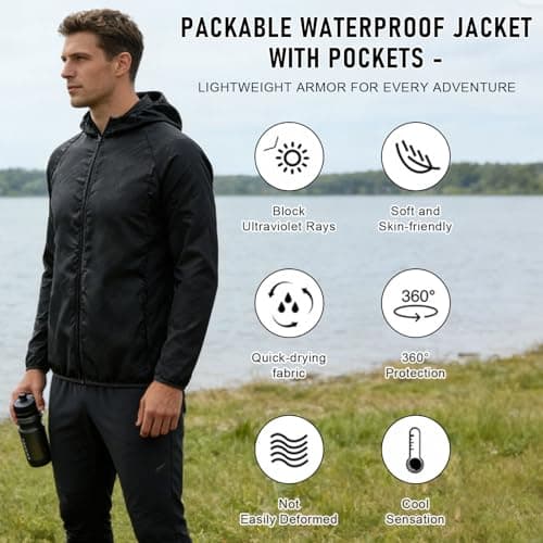 ADUDVLO Men's Lightweight Waterproof Jacket with Pockets, Packable Hooded Windproof Rain Jacket for Travel, Running & Hiking – Includes Carry Pouch (UK, Alpha, M, Regular, Regular, Black) — view 3