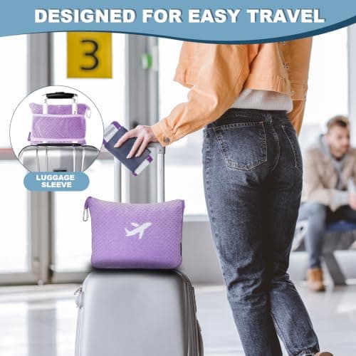 Nenolix 3 in 1 Travel Pillow and Blanket Set - 280 GSM Travel Blanket Airplane Compact with Bag, Inflatable Travel Pillow, Packable Airplane Blanket, Luggage Sleeve & Backpack Clip (Light Purple) — view 4