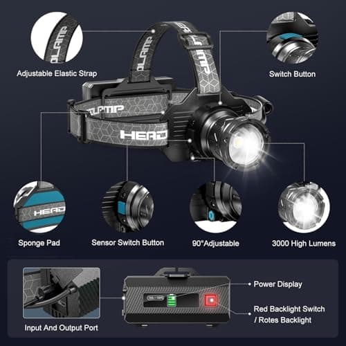 FYONIO Rechargeable Head Torch, 3,000 Lumens Super Bright LED Headlamp with Motion Sensor, 9 Modes Waterproof Headtorch, Zoomable Headlight, 90° Adjustable Lamp for Camping, Hiking, Work & Fishing — view 5