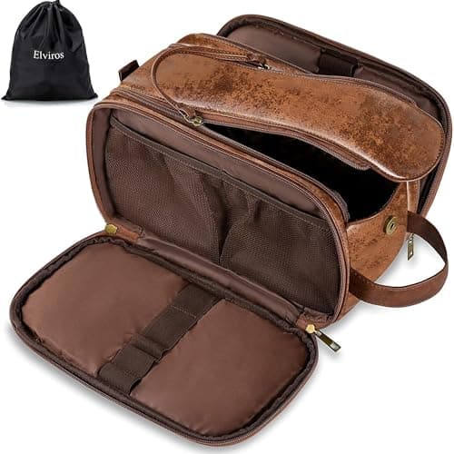Elviros PU Leather Toiletry Bag for Men Water-Resistant, Dark Brown-Medium