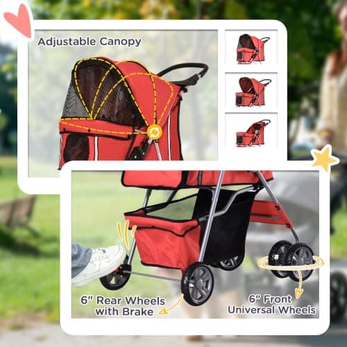 PawHut Pet Stroller for Small Miniature Dogs Cats with Wheels Red — view 6