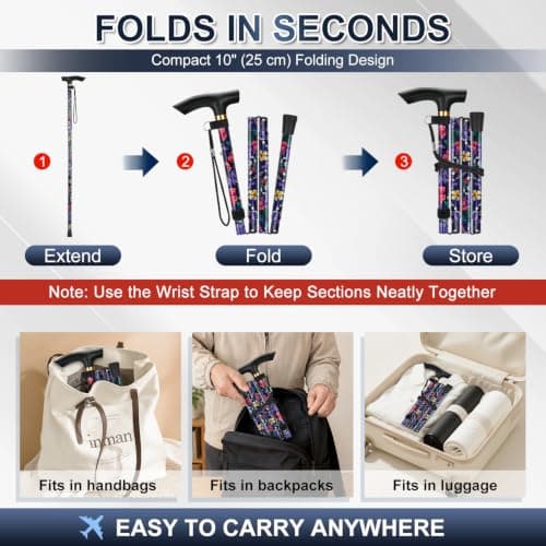 supregear Walking Stick - Adjustable Folding Walking Sticks for Women and Men - Lightweight Portable Collapsible Balancing Aid - Foldable Travel Cane for Ladies Elderly Adults, Black Large Floral — view 4