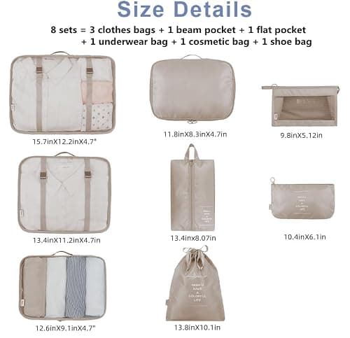 Bansga Packing Cubes for Suitcase 8 Sizes Suitcase Organizer Bags 8 pcs（Beige） — view 2