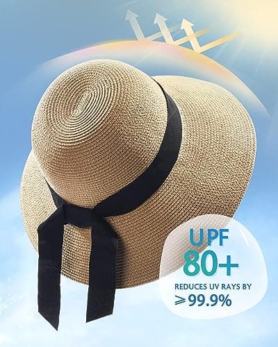 FURTALK Womens Beach Sun Straw Hat Wide Brim UV Protection Travel Hat Brown — view 2
