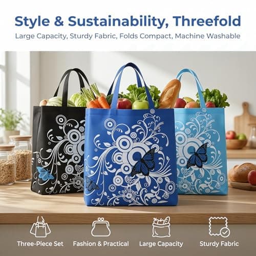 Merzio 3 Pcs Foldable Shopping Bags Reusable Grocery Tote Bags — view 4