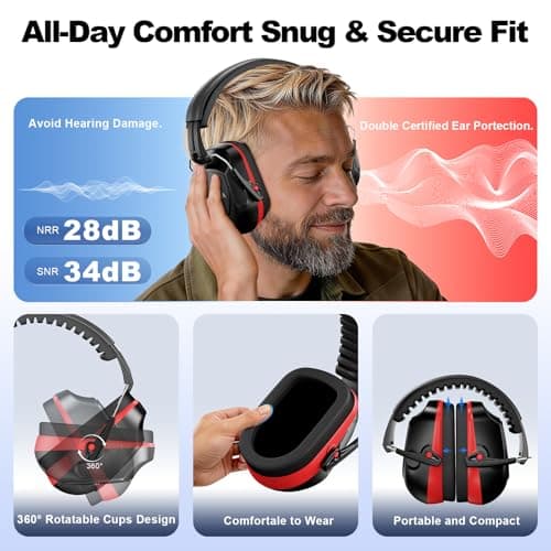 Floriogra Ear Defenders Adults, SNR 34dB Noise Cancelling -Black Red — view 4