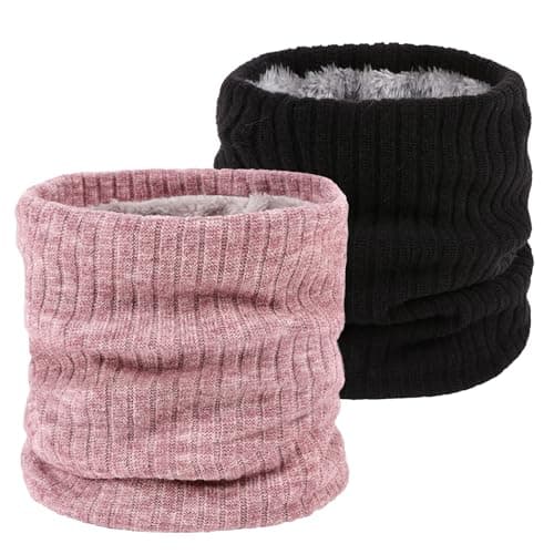 lifwimner 2 Pack Winter Neck Warmer Fleece Infinity Snood Scarf for Mens Women Thermal Knittted Neck Gaiter for Cycling Motorcycle Ski Sports(Black+Pink)