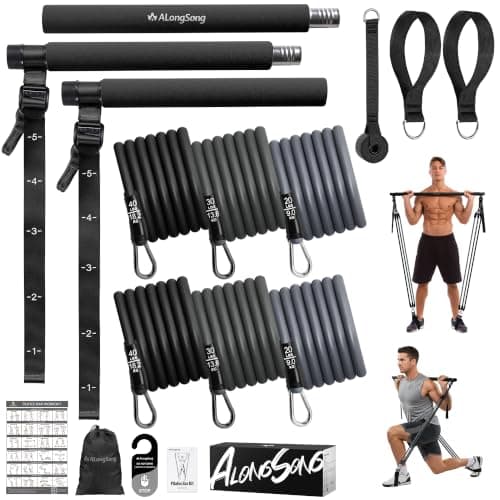 ALongSong Pilates Equipment Pilates Reformer Bar Set With 6 Elastic Resistance Bands 20-180LBS & Door Anchor for Full-Body Fitness Toning & Muscle Building | Home Workout/Gym/Travel-Black
