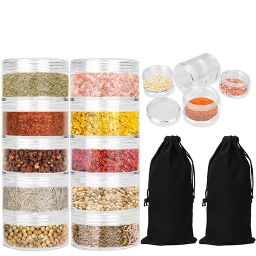 FWUNYVN 2 Sets 5 Layers Clear Plastic Portable Spice Jars, Spice Salt and Pepper Set for Outdoor Cooking, Car Camping, Traveling, Barbecuing,Stackable Storage Spice Jars with Organizer Bag