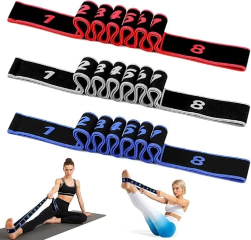 Resistance Bands Set, 3 Pack Yoga Stretch Straps with 8 Numbered Loops & Handles, Non-Slip Elastic Bands for Pilates, Yoga, Fitness, Home Gym, Women & Men(Red+Black+Blue)
