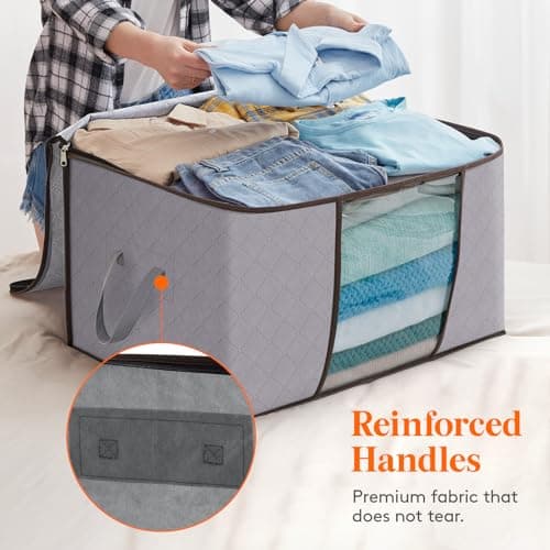 Lifewit 120L Clothes Storage Bags Large Storage Box With Lid Packing Boxes for Moving House With Reinforced Handle Thick Fabric Clear Window for Clothes Duvet Blankets Bedding, 3 Pack, Light Grey — view 2