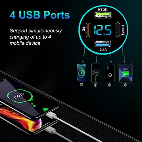 GemCoo 4 Port USB Car Charger Adapter 65W PD & Type-C & QC3.0 Cigarette Lighter USB Charger with LED Voltmeter Fast Charger Compatible with iPhone, Android, Samsung, iPad Pro — view 2