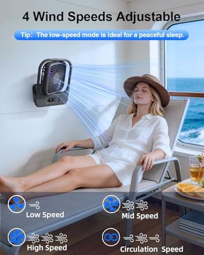 WISFISSH Ultra Thin Magnetic Cruise Fan, Portable Travel Fan Rechargeable with LED Display, 4 SPeed Foldable Cruise Approved Desk Fan for Ship Cabin, Gym, Office, Bedroom - Grey — view 6