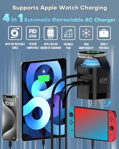 65W Retractable Travel USB C Charger for apple watch, Foldable Travel Adapter Plug Converter with UK/EU/AU Plugs, Fast charging for iwatch S11/10/9/8/7, for Macbook series and iPhone 17/16/15, Black — view 2