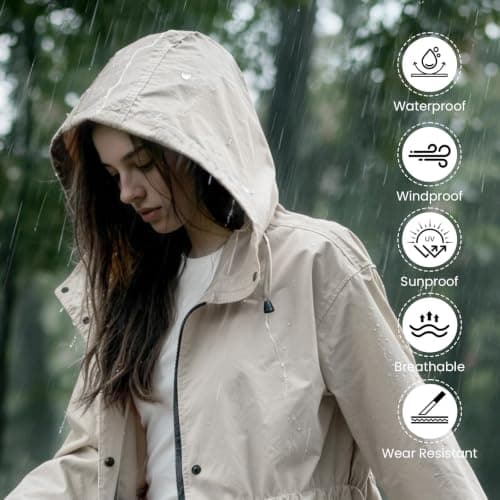 SOPPY Women's Long Waterproof Raincoat, Lightweight Hooded Rain Jacket, Beige, XL — view 3