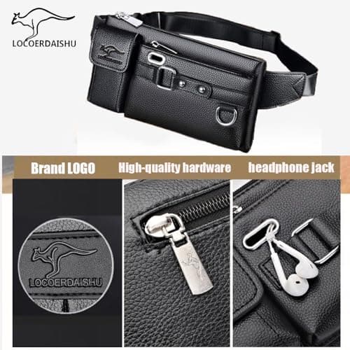 Genuine Leather Bum Bag, Unisex Waist Fanny Pack with Zippered Pockets, Large Capacity Travel Money Belt for Passport, Phone, Dog Walking, Festivals, Hiking, Running (Black) — view 5